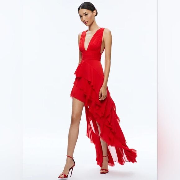 NWOT ALICE + OLIVIA Holly Low Neck Asymmetric Maxi Ruffle Dress Red Sz 6 - Picture 2 of 8